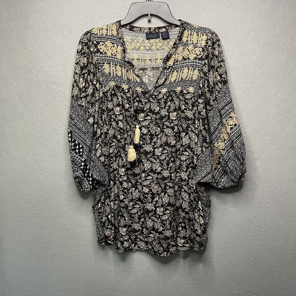 Rachel Roy Womens Boho Blouse Top With Tassels Floral Print Black & Beige S - Picture 1 of 7